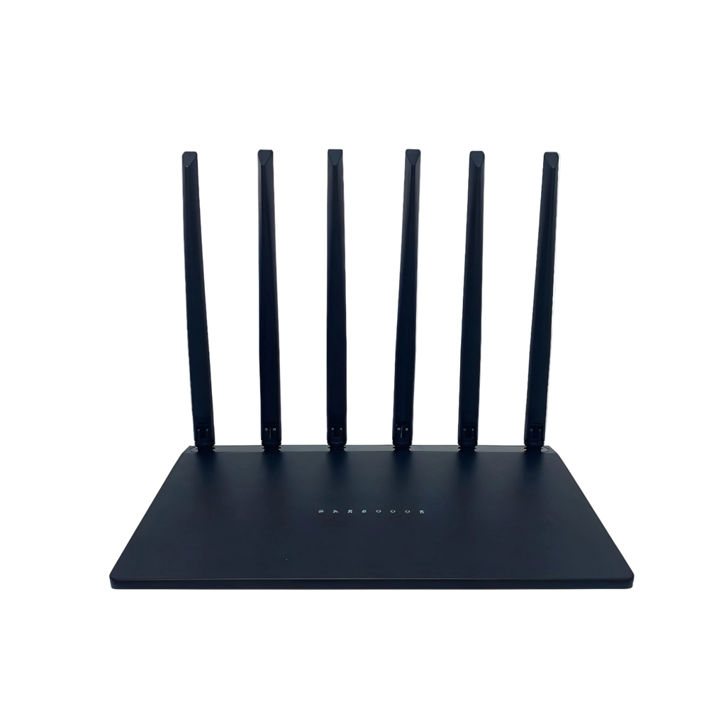 Black Vakoda Wi‑Fi 6 Router with multiple antennas on a white background