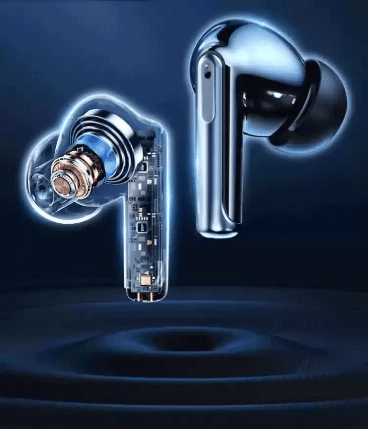 Close-up of Vakoda Wireless Earbuds with a clear casing on a dark background