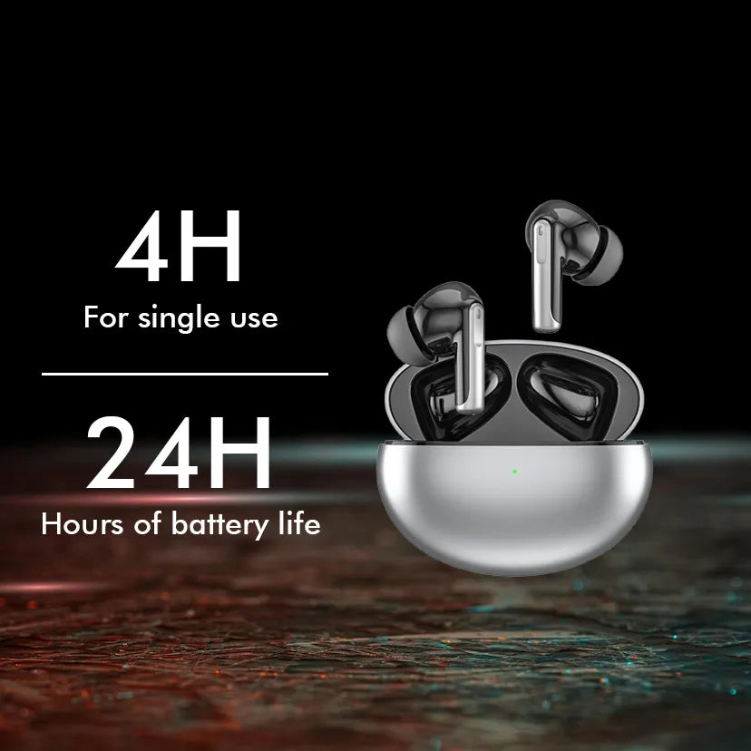Vakoda Wireless Earbuds with charging case on a dark background, displaying battery life information.