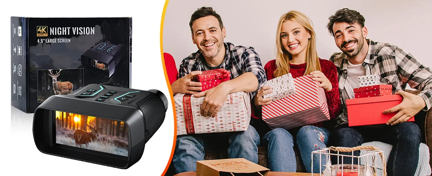 4K Valisus Night Vision Binoculars with a box and people holding gift boxes in the background