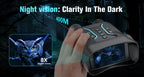 Hand holding a Valisus Night Vision Binoculars with screen displaying an owl and bat, text 'Night vision: Clarity In The Dark' and '400M 8X Digital Zoom'.