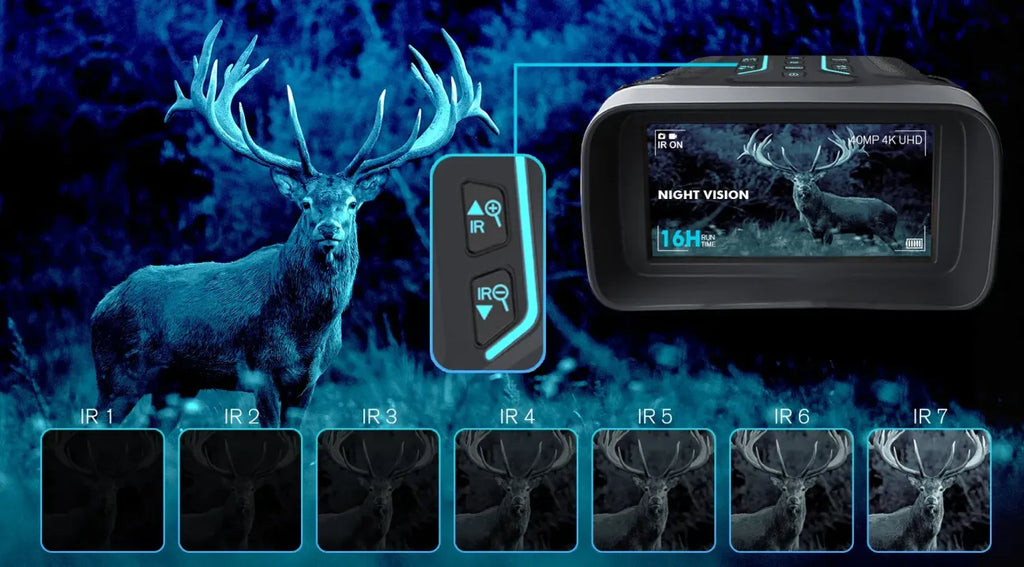 Valisus Night Vision Binoculars with deer imagery on a dark background