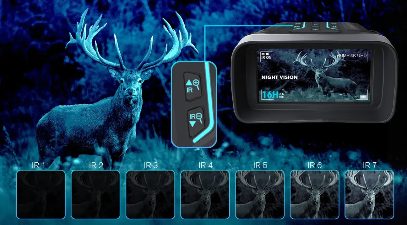 Valisus Night Vision Binoculars with deer imagery on a dark background