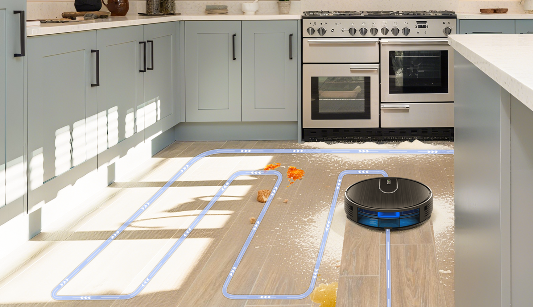 Valisus Robot Vacuum cleaning a kitchen floor with a modern oven in the background.