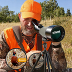 Man in hunting gear using a 80mm Valisus Spotting Scope in a field with Sonora branding.