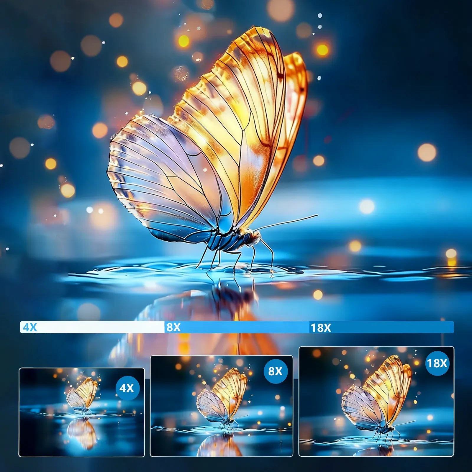 Butterfly on water with zoom levels displayed