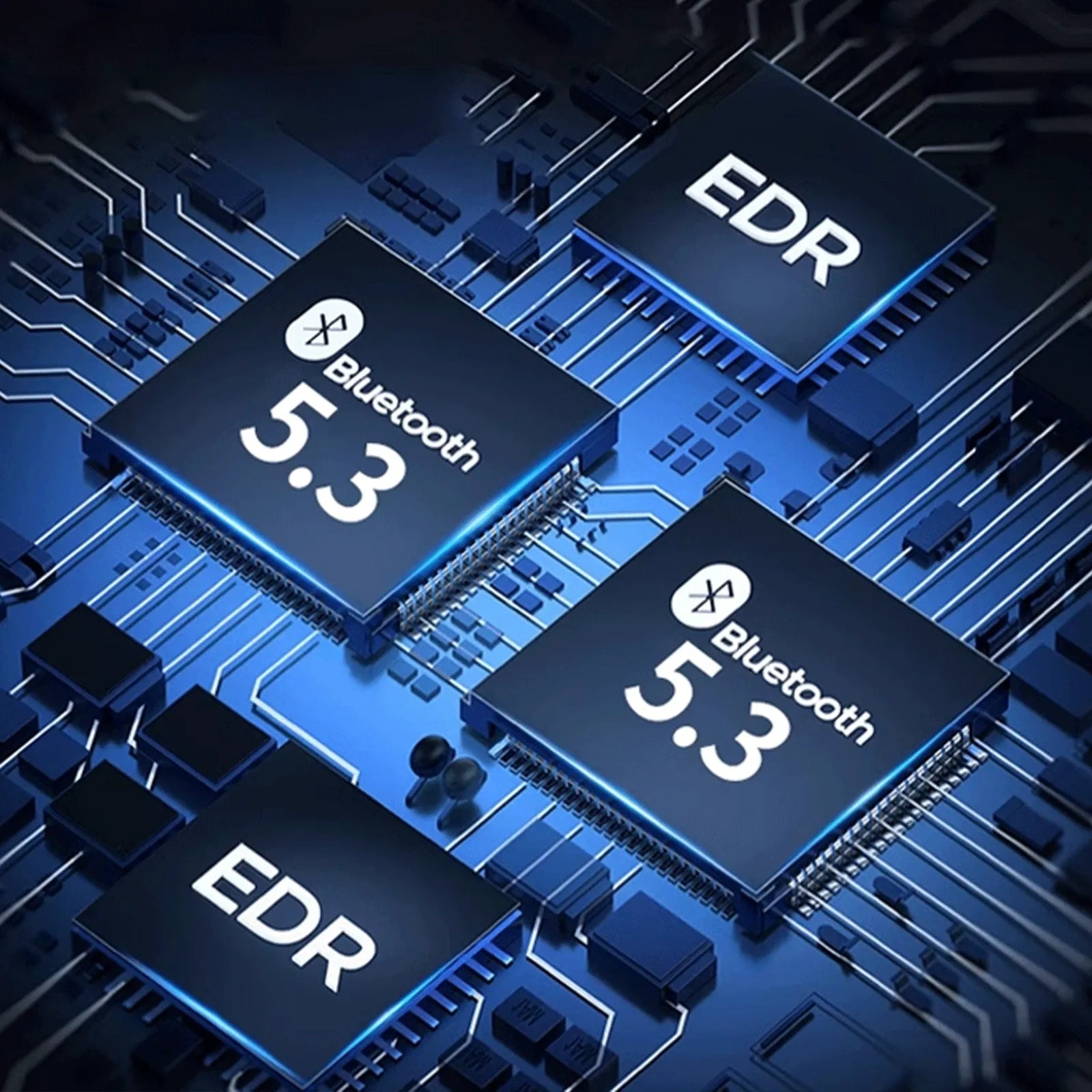 Electronic components with Bluetooth 5.3 and EDR labels on a circuit board background