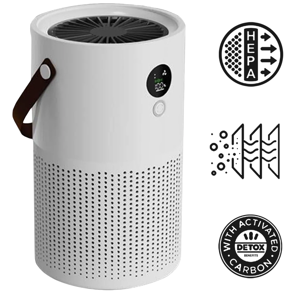 White Veoair Air7 Air Purifier with HEPA, detox, and activated carbon features on a white background