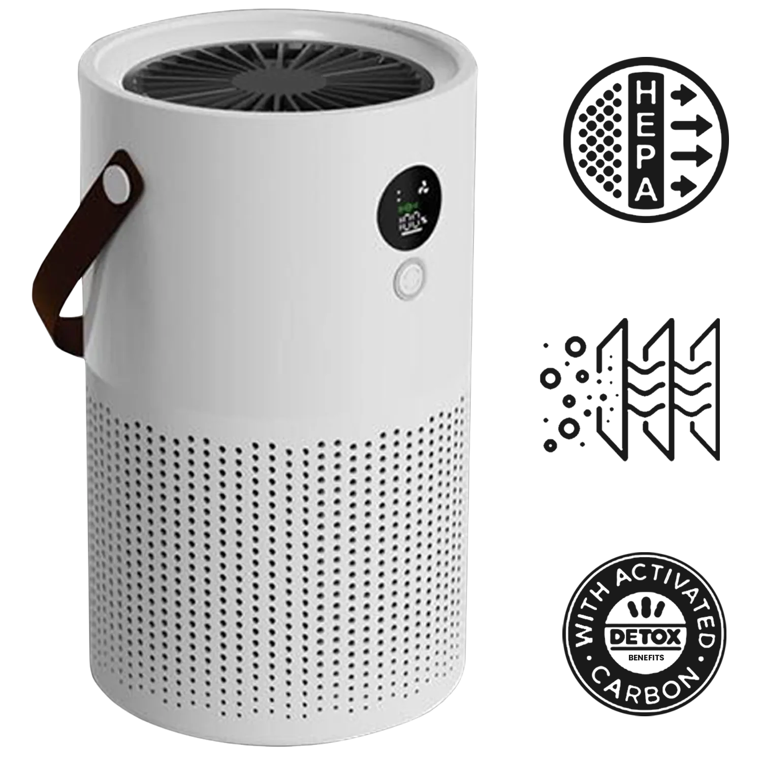 White Veoair Air7 Air Purifier with HEPA, detox, and activated carbon features on a white background