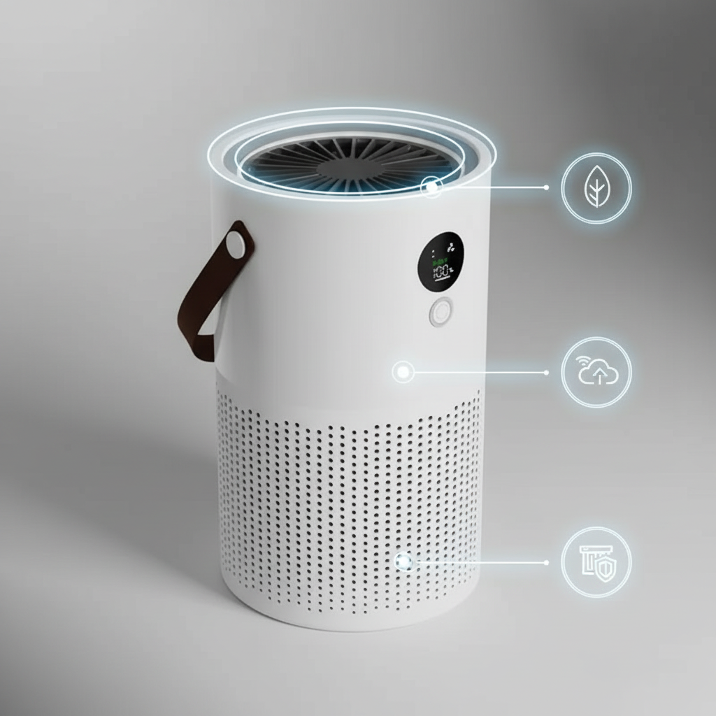 White Veoair Air7 Air Purifier with digital display on a gray background