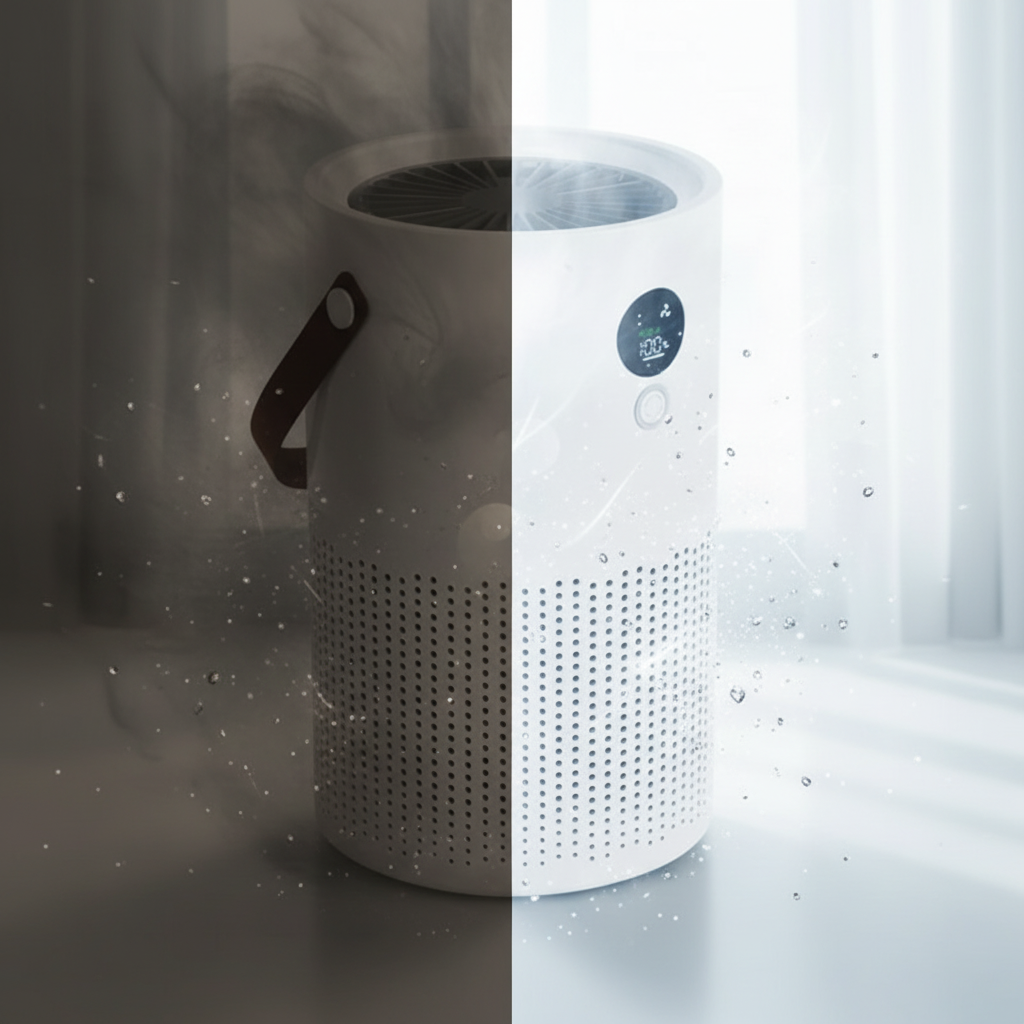 Veoair Air7 Air Purifier showing before and after effect on air quality.