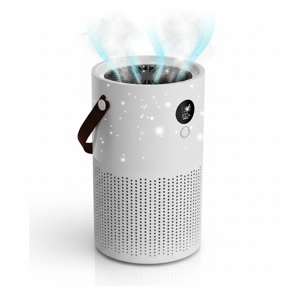 White Veoair Air7 Purifier with blue light on a white background