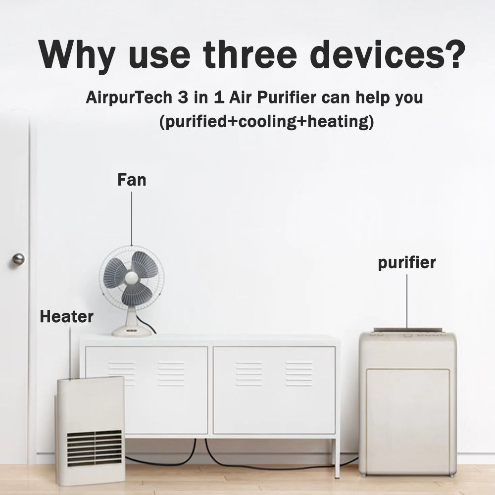 AirpurTech 3 in 1 Veoair Air9 Air Purifier with fan, heater, and purifier functions in a room setting.