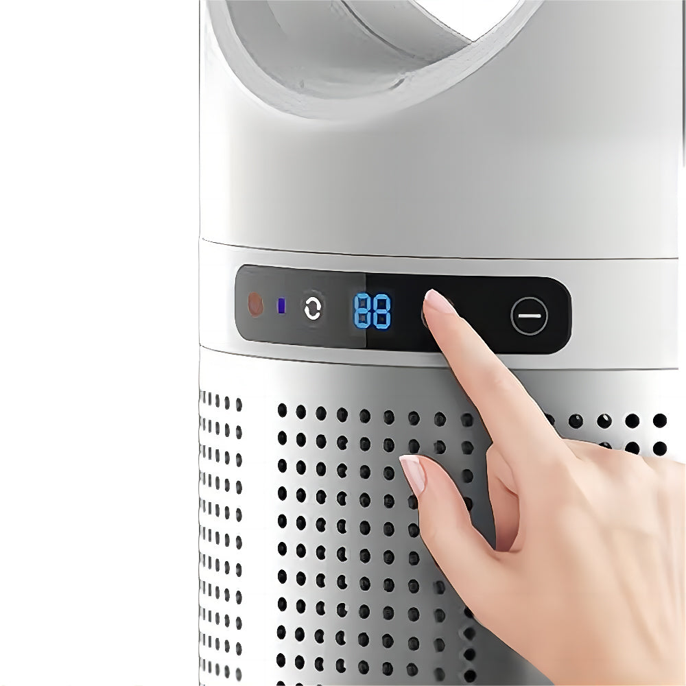Hand pressing a button on an Veoair Air9 Air Purifier with a digital display.