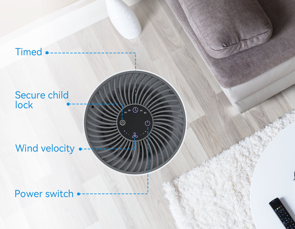 Veoair GL-K8 Smart Air Purifier on a wooden floor with labeled features in a living room setting