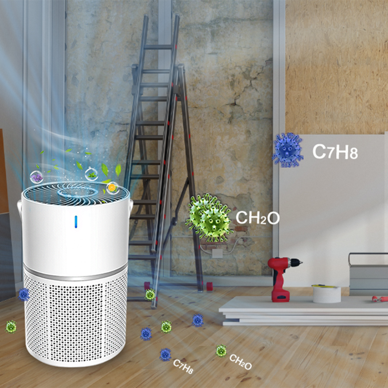 Veoair GL-K8 Smart Air Purifier in a room with construction elements and chemical symbols on the wall.