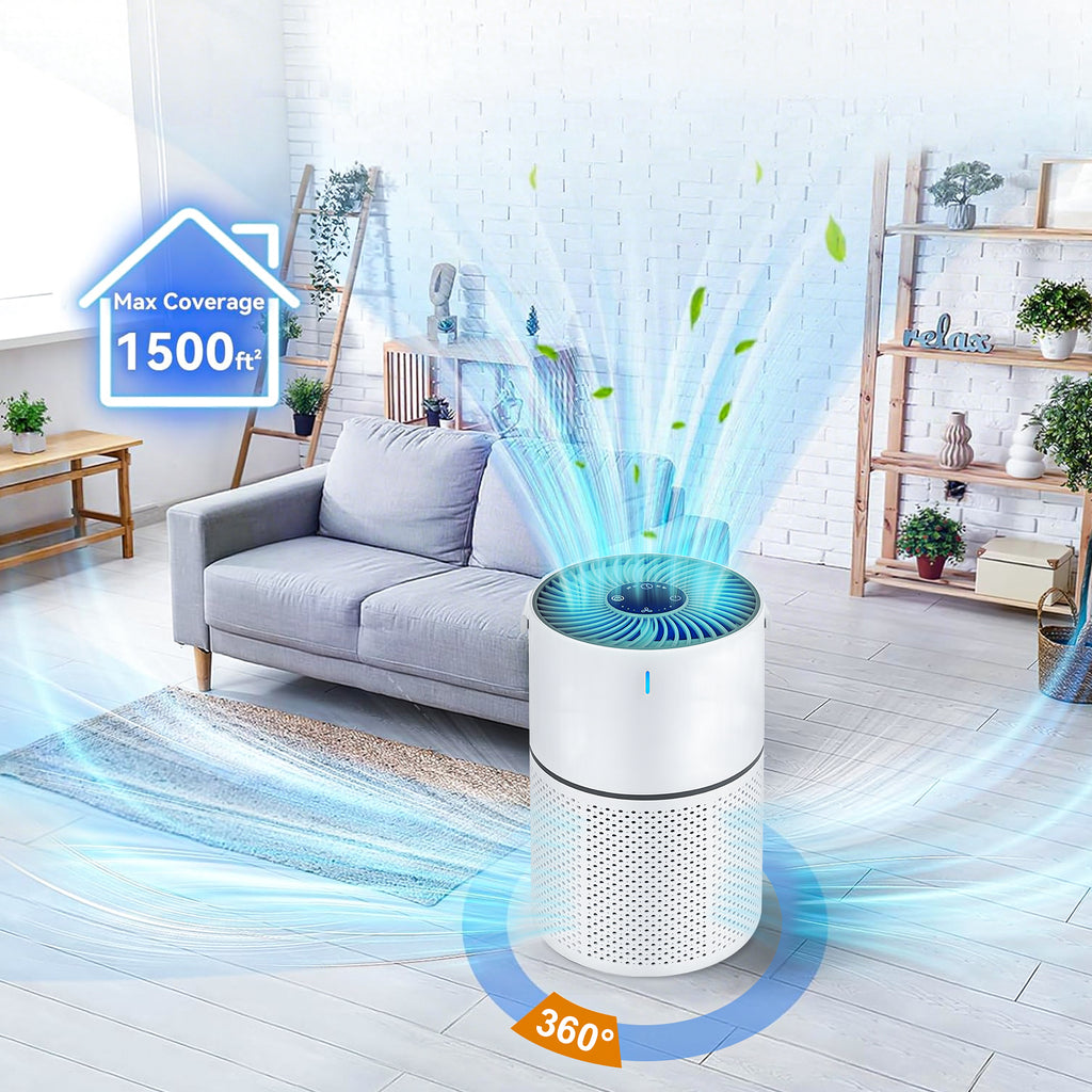 Veoair GL-K8 Smart Air Purifier in a living room with max coverage and 360-degree cleaning indicated.
