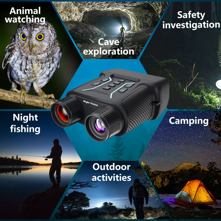 Vikason W9 Night Vision Binoculars with applications for animal watching, cave exploration, safety investigation, night fishing, camping, and outdoor activities.