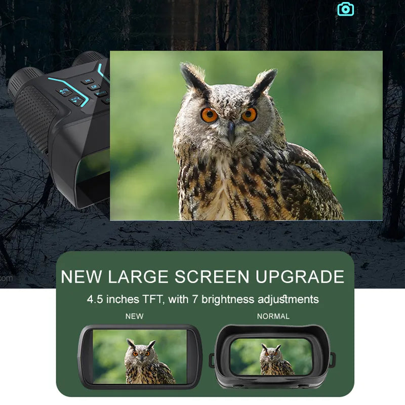 Vikason W9 Night Vision Binoculars with a large screen displaying an owl, highlighting screen upgrade feature.