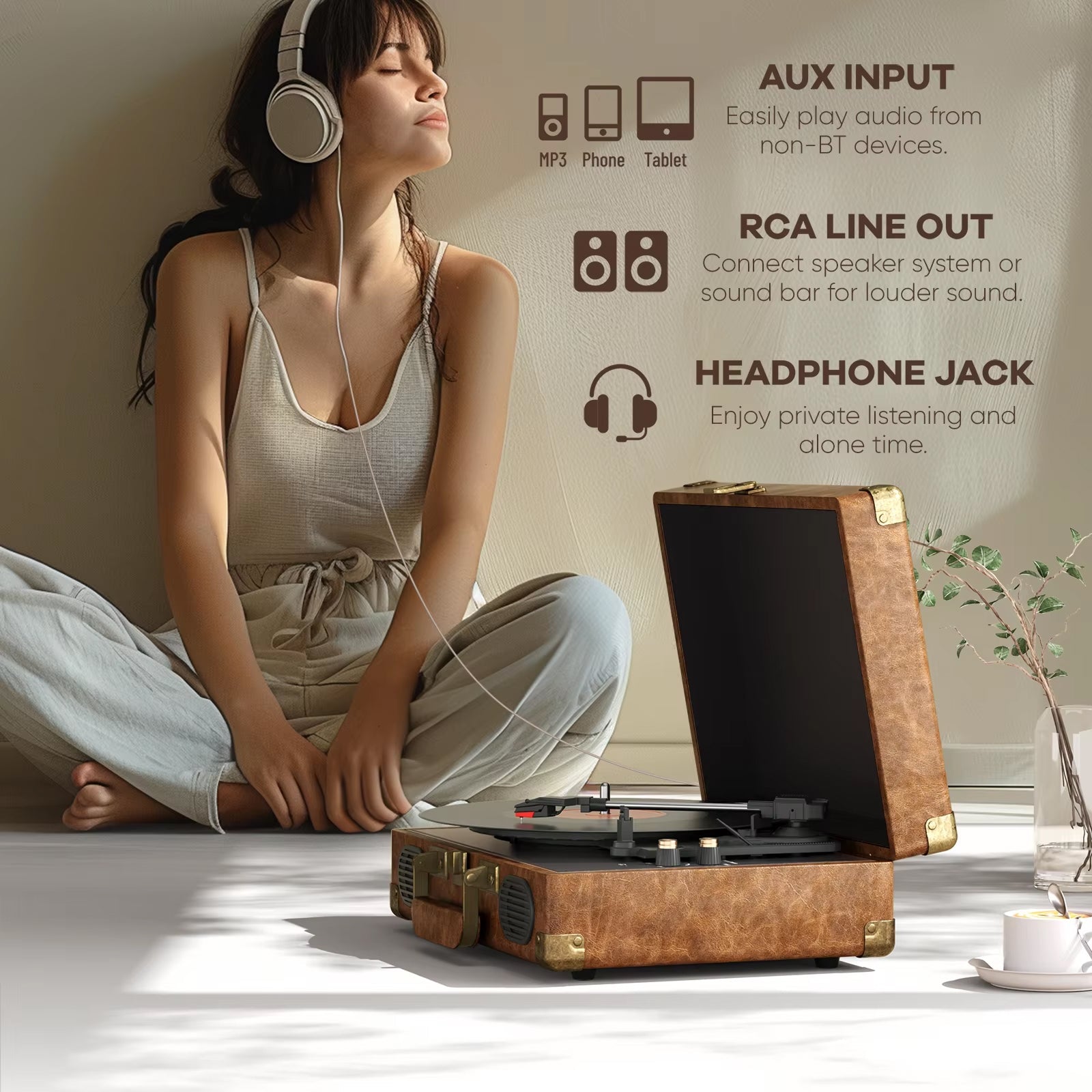 Woman listening to music with headphones and a Vinixora Record Player, with text on audio connections.