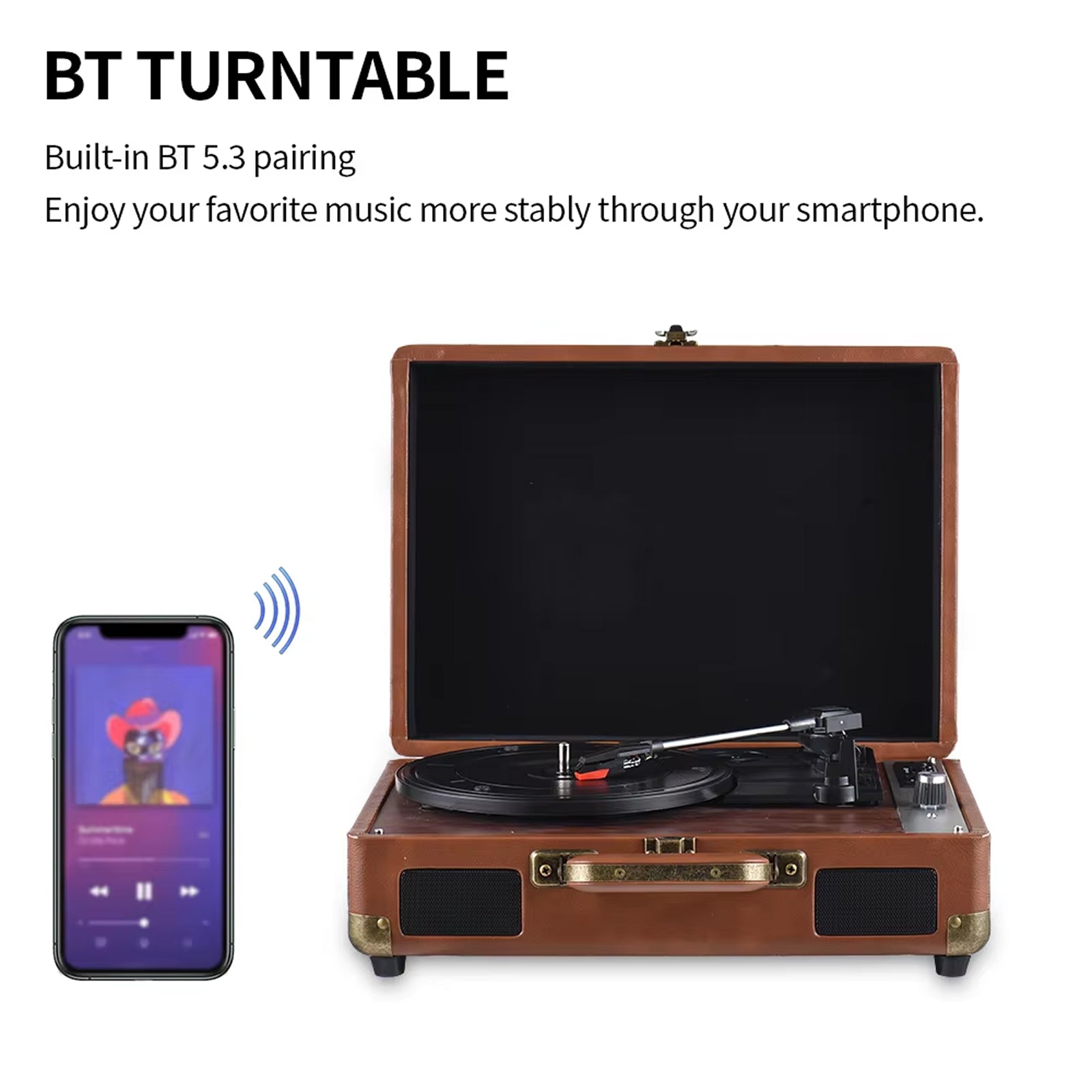 Brown Vinixora Record Player Bluetooth turntable with smartphone illustration on a white background
