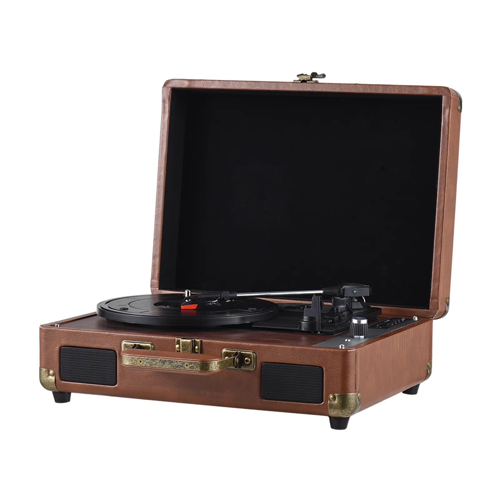 Brown vintage-style Vinixora Record Player with a black interior on a white background
