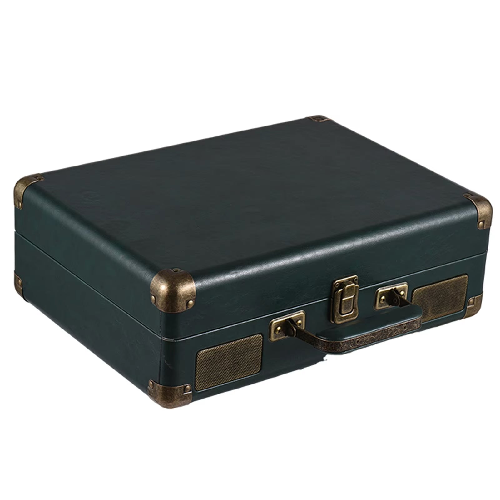 Green Vinixora Record Player suitcase with brass accents on a white background