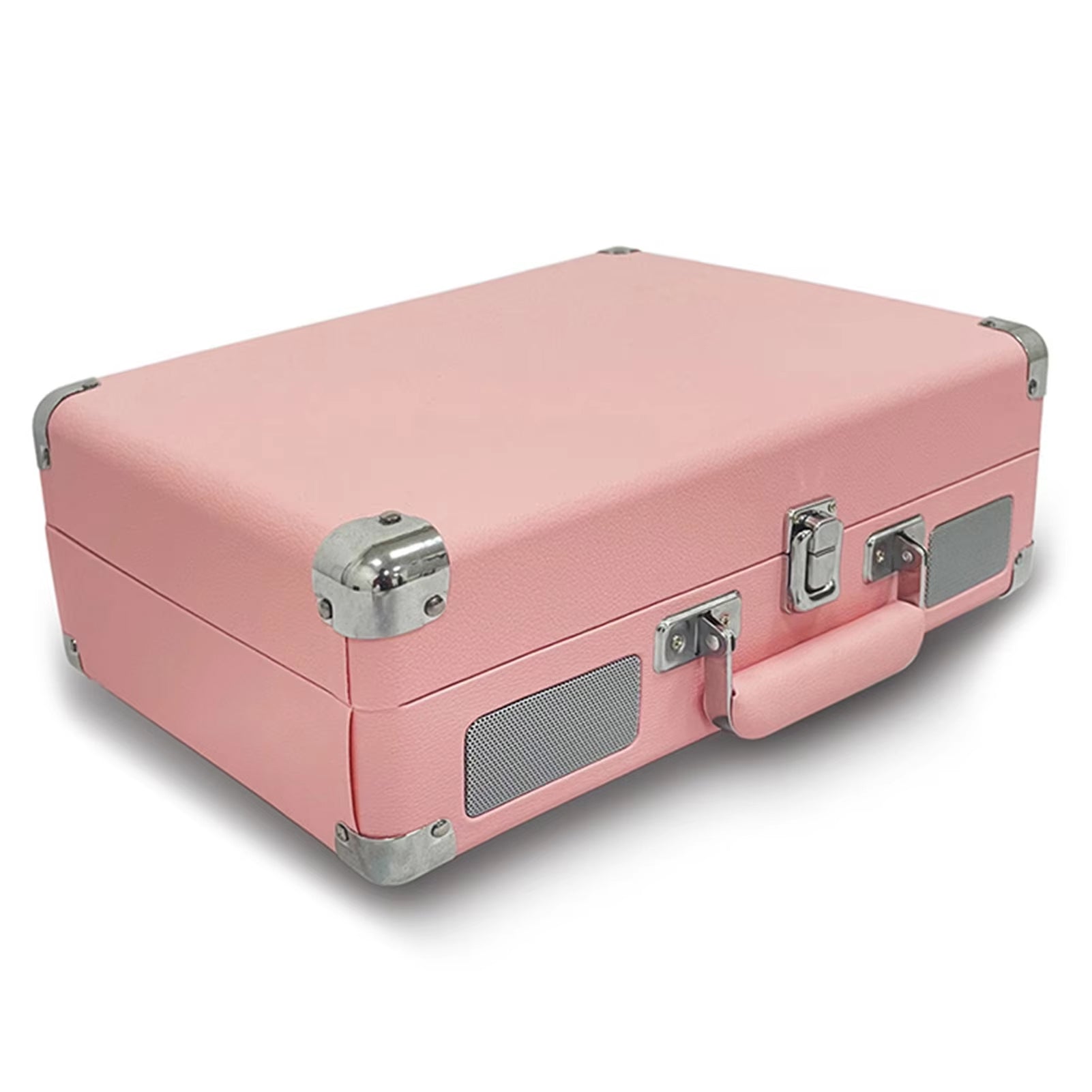 Pink Vinixora Record Player suitcase with silver accents on a white background