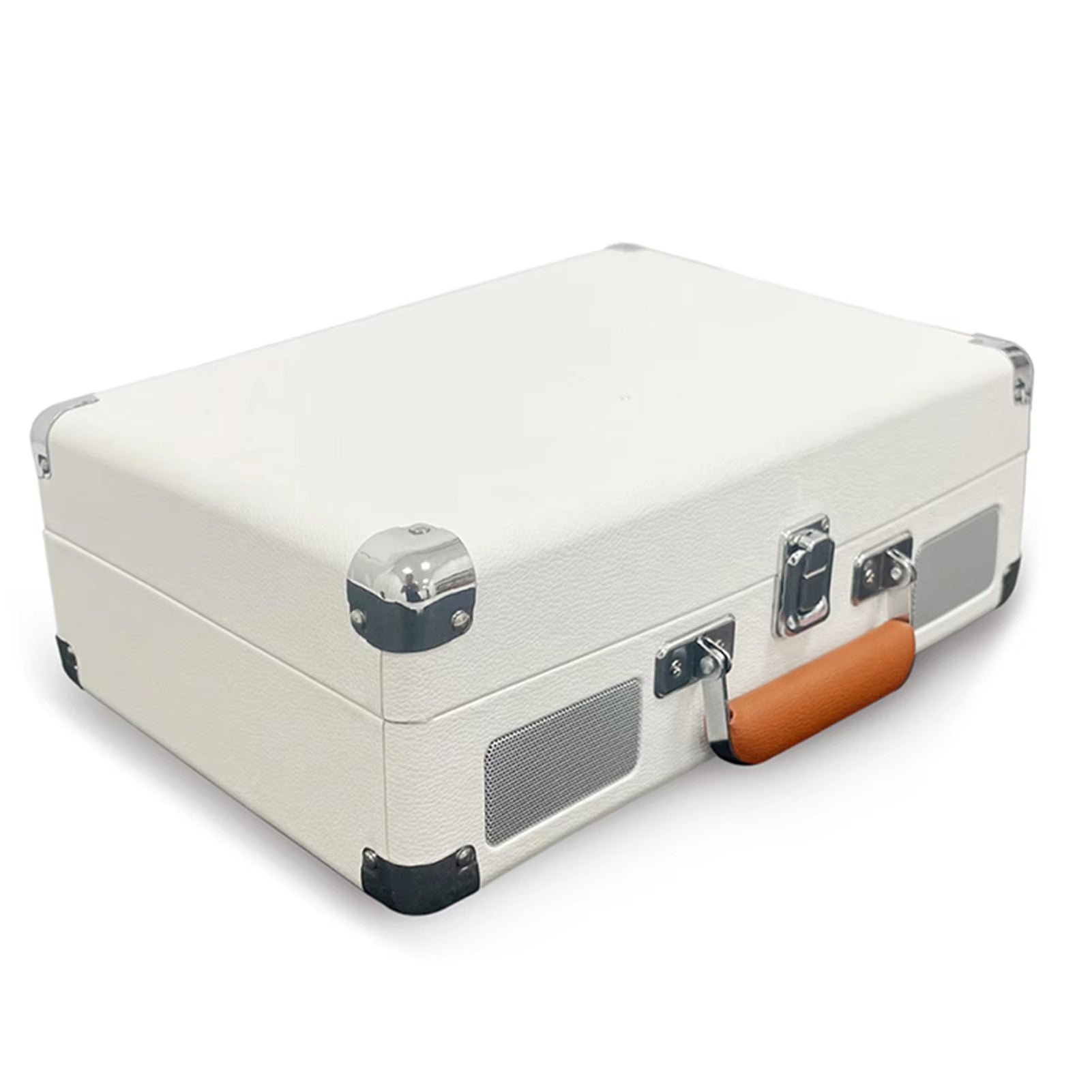 White Vinixora Record Player suitcase with metallic accents on a white background