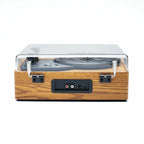 Wooden VinyyLux Record Player with clear acrylic cover on a white background