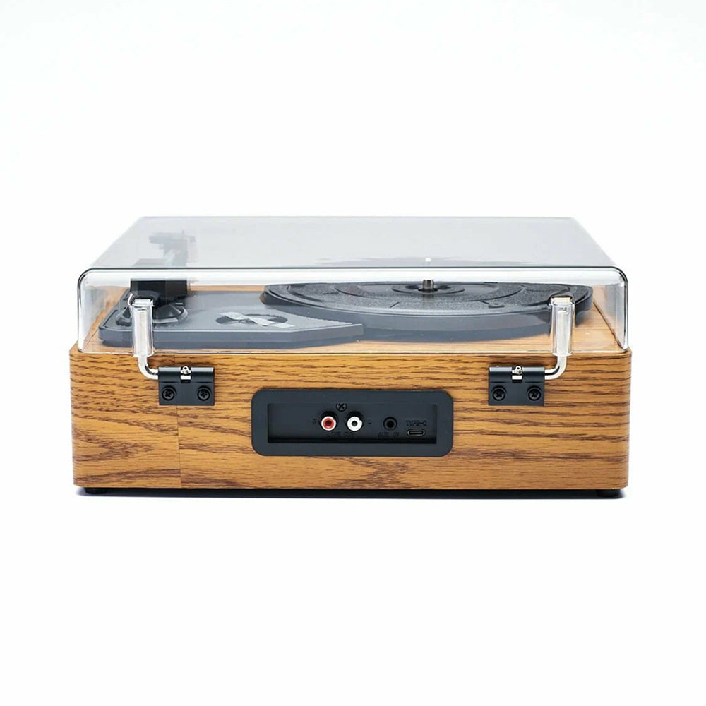 Wooden VinyyLux Record Player with clear acrylic cover on a white background