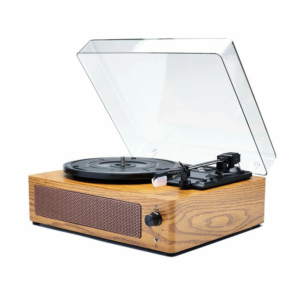 Wooden VinyyLux Record Player with clear dust cover on a white background