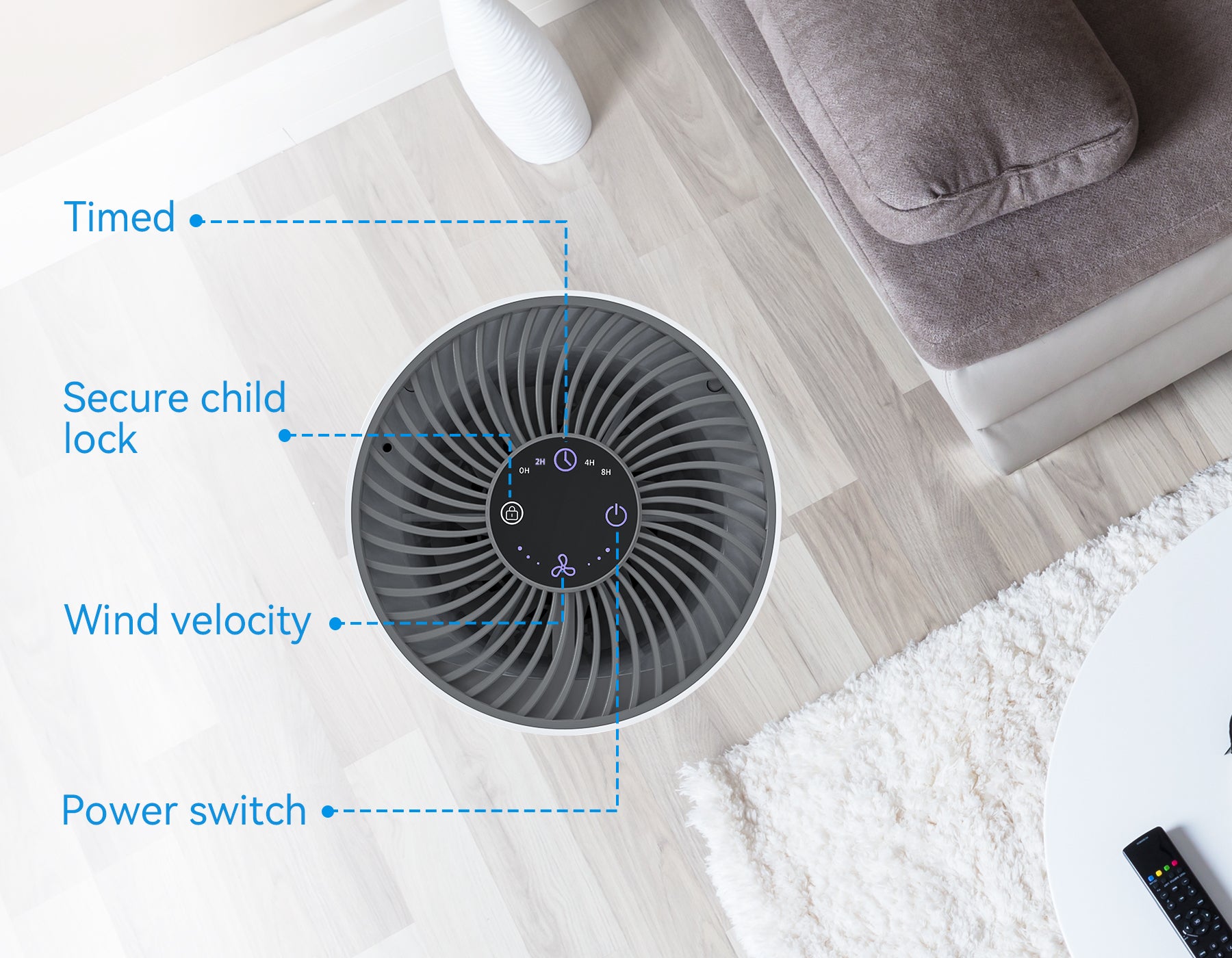Vorthic Air Purifier on a wooden floor with labeled features in a living room setting