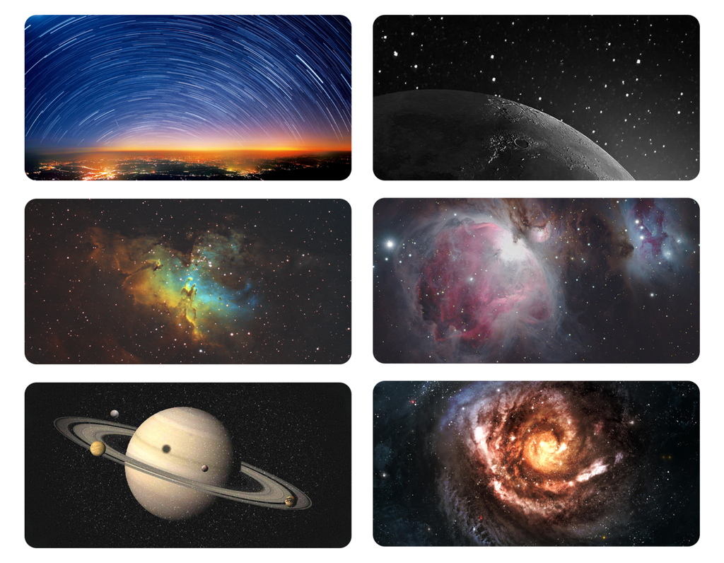 Collage of various space-themed images including a starry night sky, planets, and nebulae.