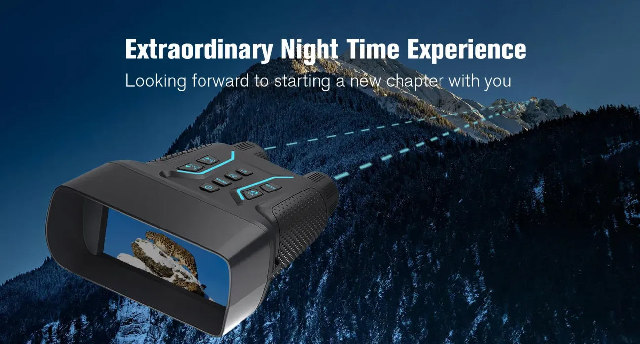Night Vorthic Night Vision Binoculars with mountain landscape and text about night time experience