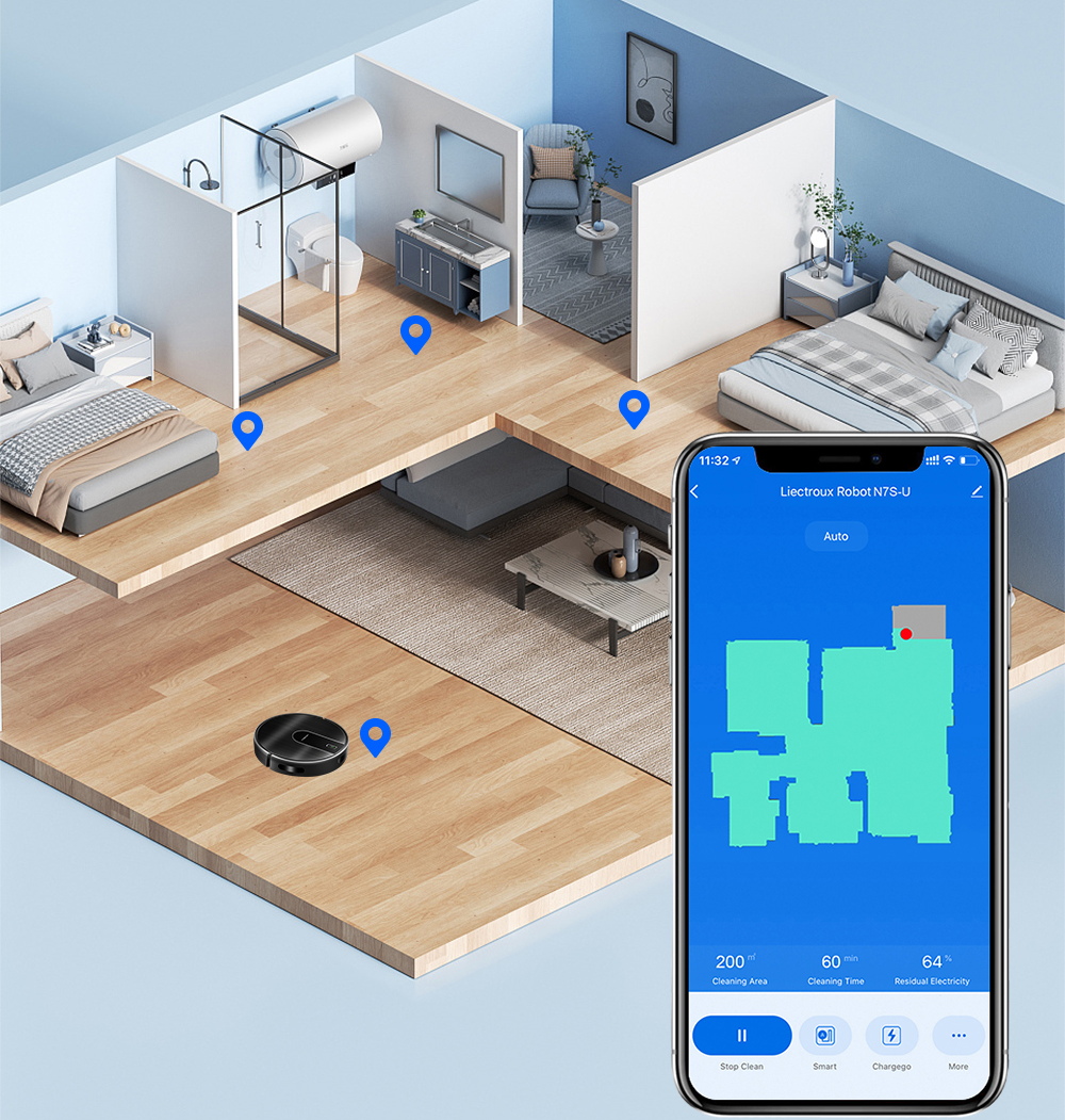 Smart home device on a floor plan with a smartphone app displaying navigation.