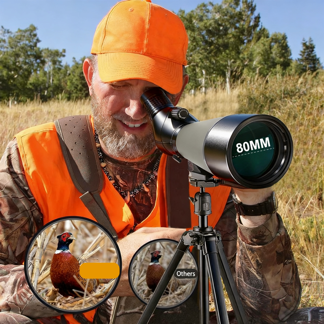 Man in hunting gear using a 80mm telescope in a field with Sonora branding.