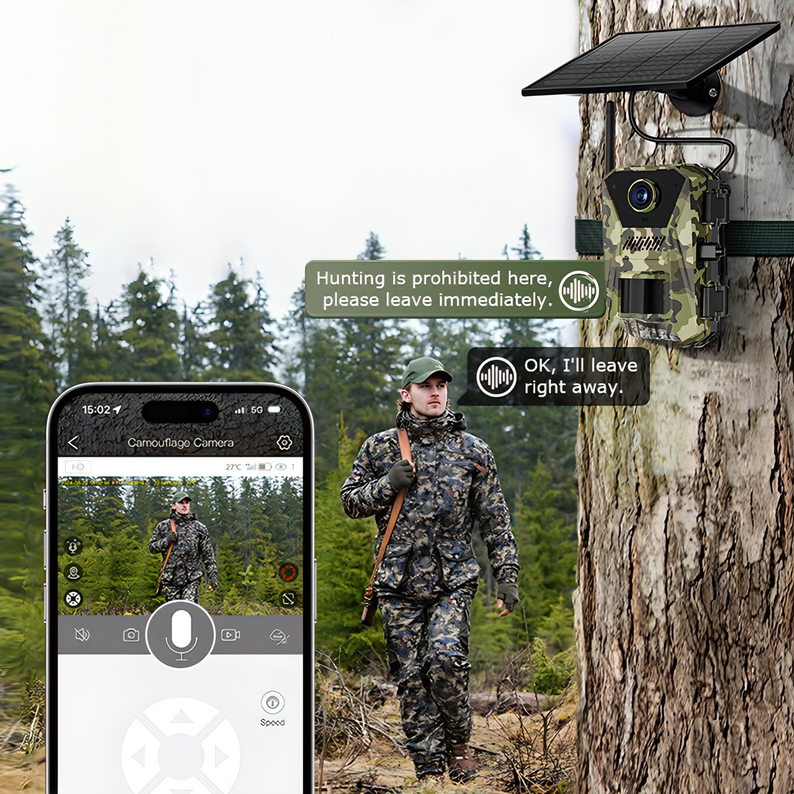 Vorthic Trail Camera on a tree with smartphone app interface and person in camouflage gear.