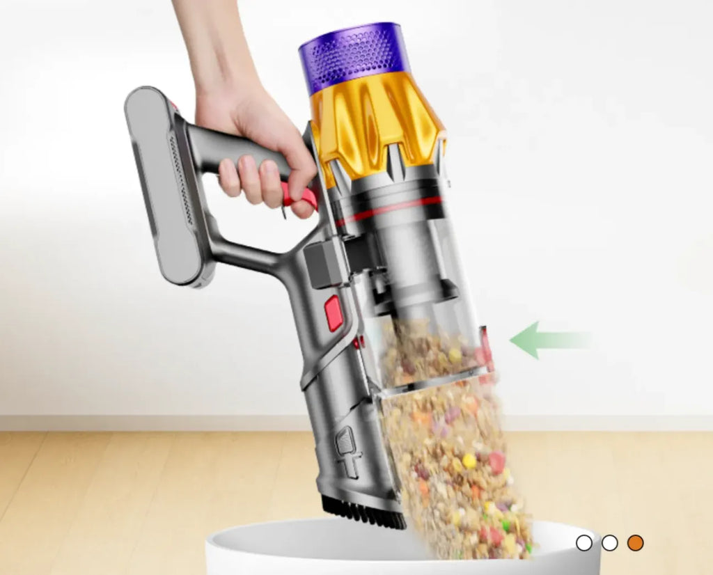 Hand holding a Vorthic Vacuum Cleaner with a clear container filled with colorful items on a white background.