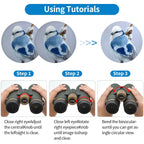 Step-by-step tutorial on using Warmax Binoculars with close-up images of a bird and instructions on adjusting the binoculars.