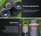 Warmax Binoculars with close-up details on grass, highlighting viewing magnification and quick focus features.