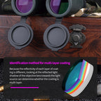 WildiView Binoculars with lens caps on a wooden surface, accompanied by text about multi-layer coating identification.
