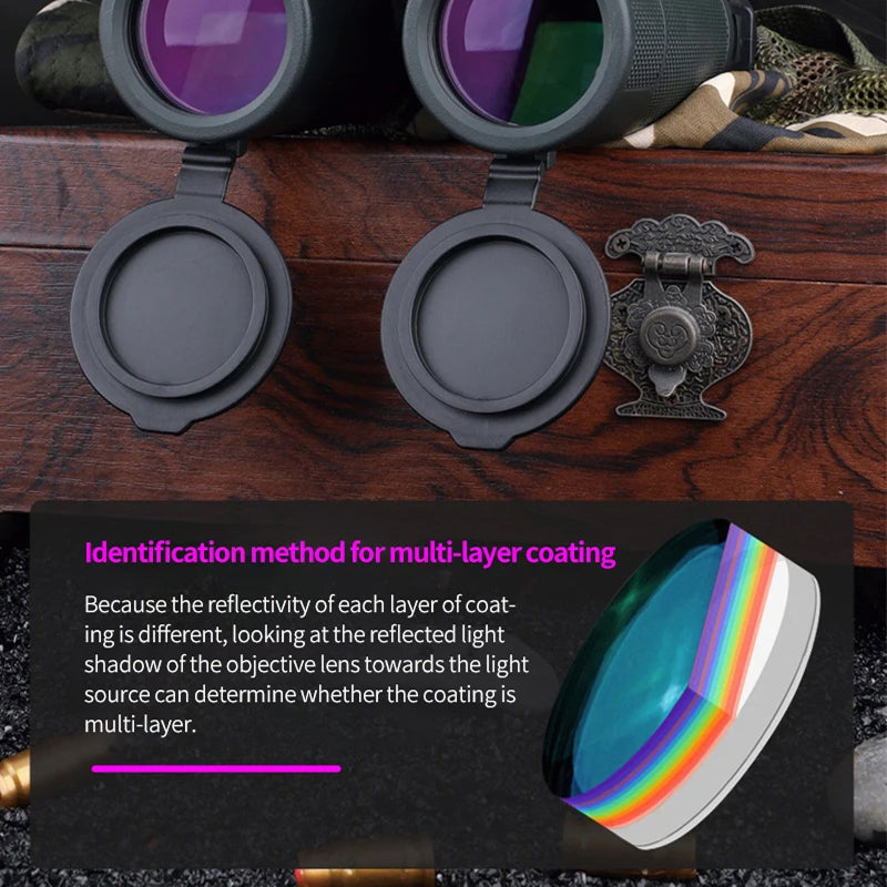 WildiView Binoculars with lens caps on a wooden surface, accompanied by text about multi-layer coating identification.