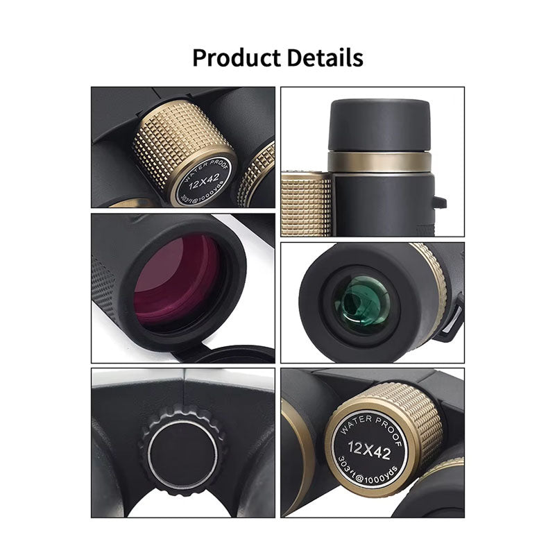 Collage of a monocular WildiView Binoculars with close-up details on a white background