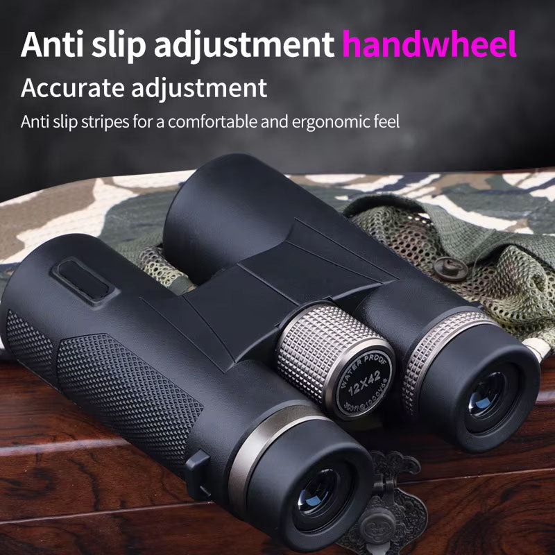 Black WildiView Binoculars with anti-slip adjustment handwheel on a camouflage-patterned surface