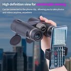 Hand holding a phone with a camera attachment, connected to a phone clip, against a cityscape background.