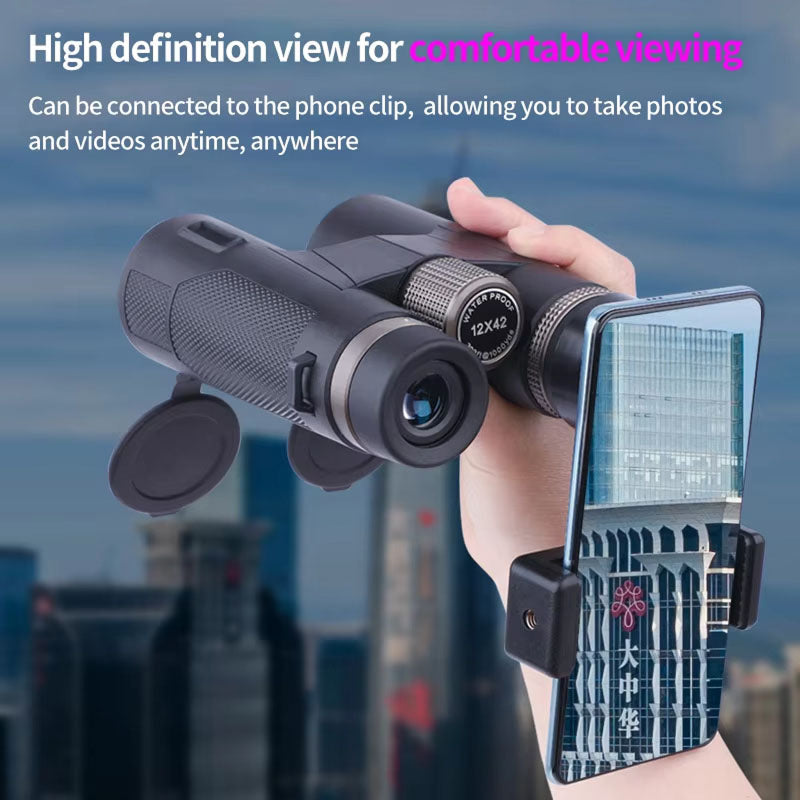 Hand holding a phone with a camera attachment, connected to a phone clip, against a cityscape background.