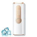 White and gold ZenHairo Laser Hair Removal device with digital display, next to ice cubes on a white background