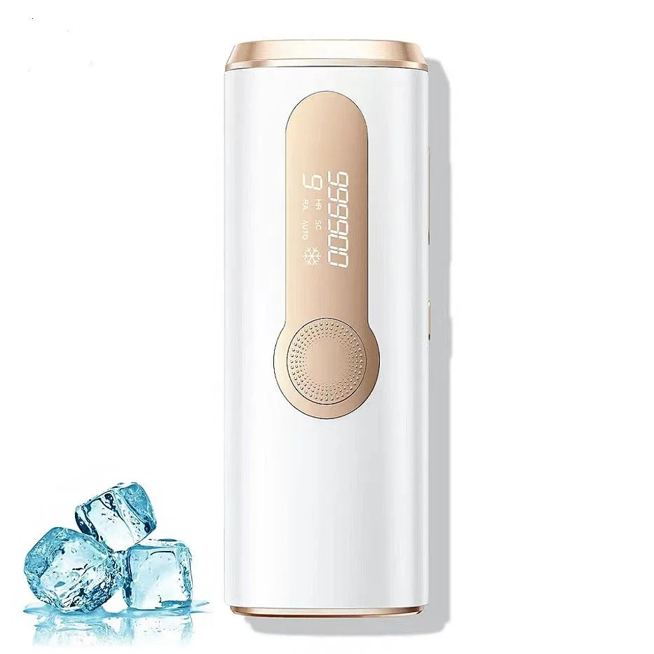 White and gold ZenHairo Laser Hair Removal device with digital display, next to ice cubes on a white background