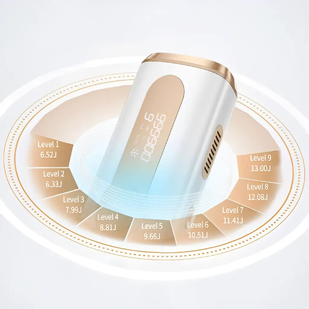 White ZenHairo Laser Hair Removal device with gold accents on a white background